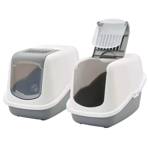 2er Sparpack Katzentoilette Katzenklo Haubentoilette NESTOR weiss-grau 56 x 39 x 38,5 cm (22,50 € pro 1 Stück)