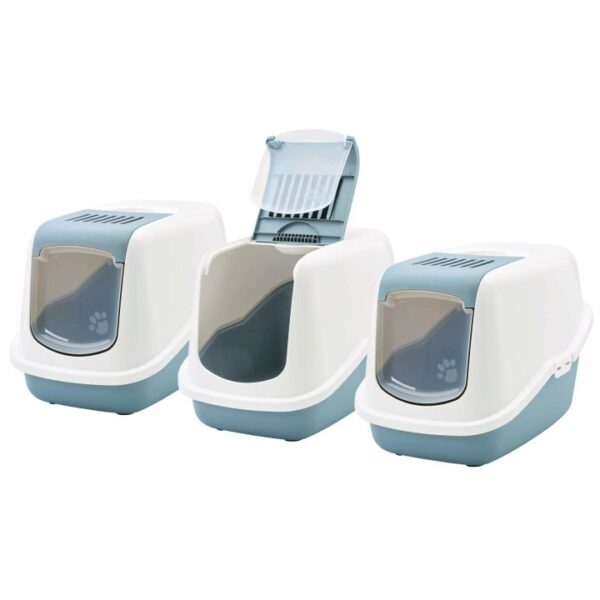 3er Sparpack Katzentoilette NESTOR Haubentoilette in weiss-hellblau (21,66 € pro 1 Stück)