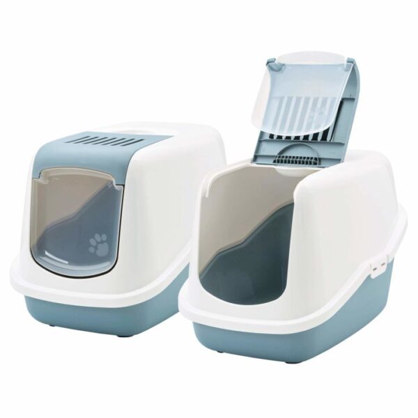 2er Sparpack Katzentoilette NESTOR Haubentoilette in weiss-hellblau 56 x 39 x 38,5 cm (22,50 € pro 1 Stück)