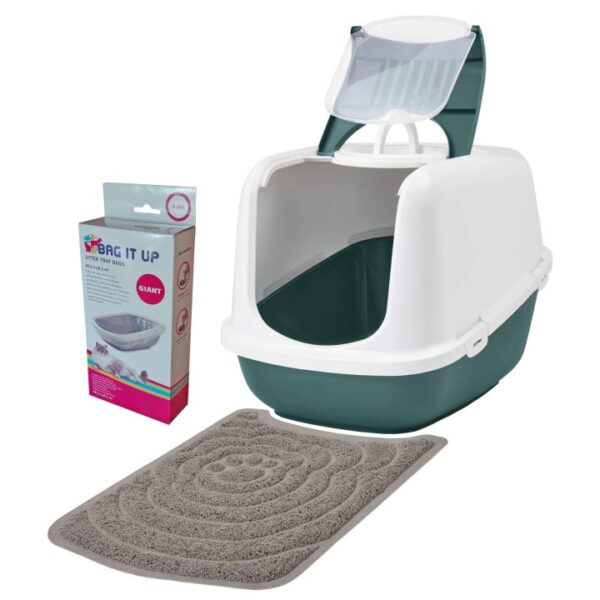 Deluxe Sparpaket Katzentoilette NESTOR JUMBO weiss-dunkelgrün + Vorlegematte + Beutel