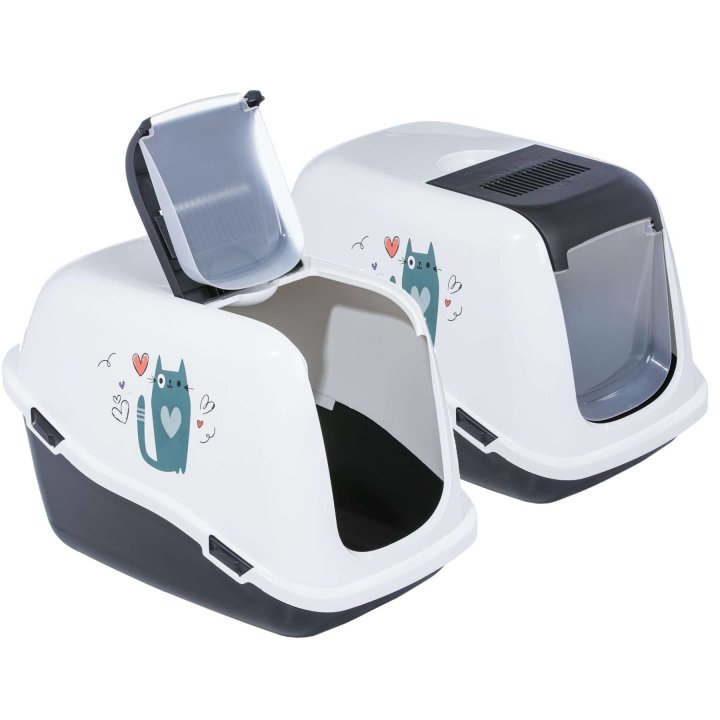 2er sparpack katzentoilette katzenklo haubentoilette mit grosser klappe und dekor weiss dunkelgrau 57 x 39 x 41 cm