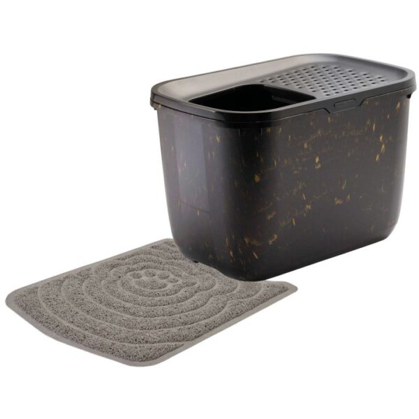 Sparpack Katzentoilette HOP IN mit Einstieg von oben 58 x 38,5 x 39,5 cm Schwarz-Marmor-Gold mit Vorlegematte