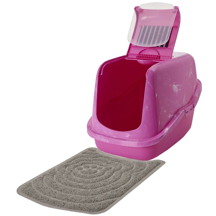 sparpaket katzentoilette nestor haubentoilette in pink marmor mit grosser vorlegematte